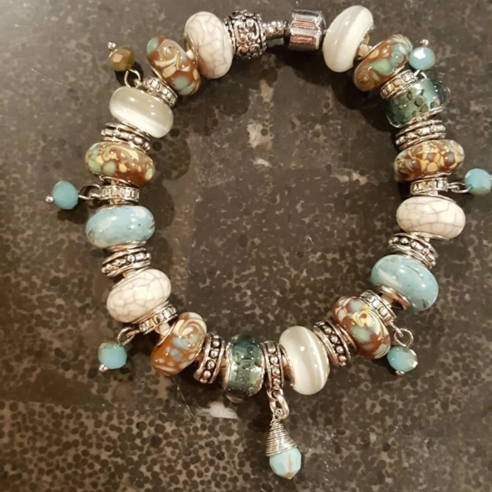 EUROPEAN CHARM BRACELET TURQUOIS BROWN BEADS LEATHER BAND SILVER CLASP CLOSURE